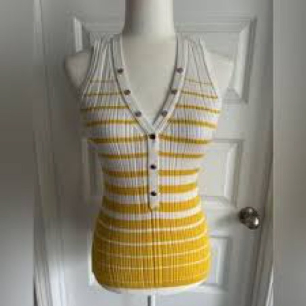 White House Black Market Ribbed Stripe Henley Tank Yellow White Medium - Picture 2 of 8